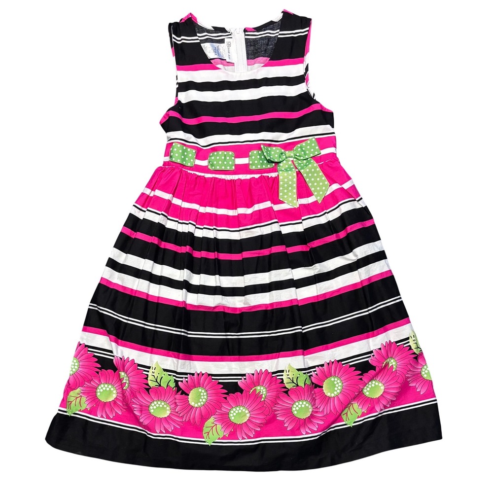 Bonnie Jean Girls Size 16 Dress Black Pink Striped Floral Bow‎ Party Cute